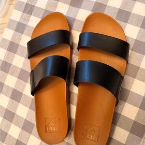 Reef Women's Tan Footbed with Black Double-Strap Slide Sandals
